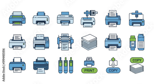 Office Printer Icons Set: Multifunction Devices, Copiers, Scanners, Ink Cartridges