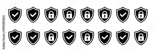 Security shield icon set with check mark and lock symbols, protection concept design, vector illustration for safety and trust