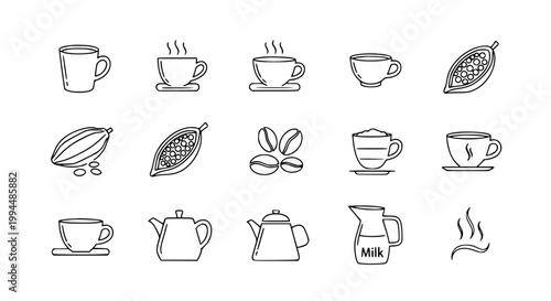 Minimal hot drinks and cocoa beans icon set with coffee hot chocolate and beverage outline vector collection