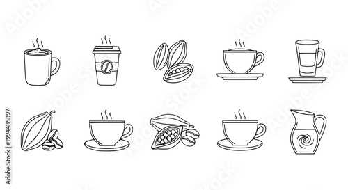 Hot chocolate coffee and cocoa beans line icon set minimal beverage cup and cafe drink vector illustration