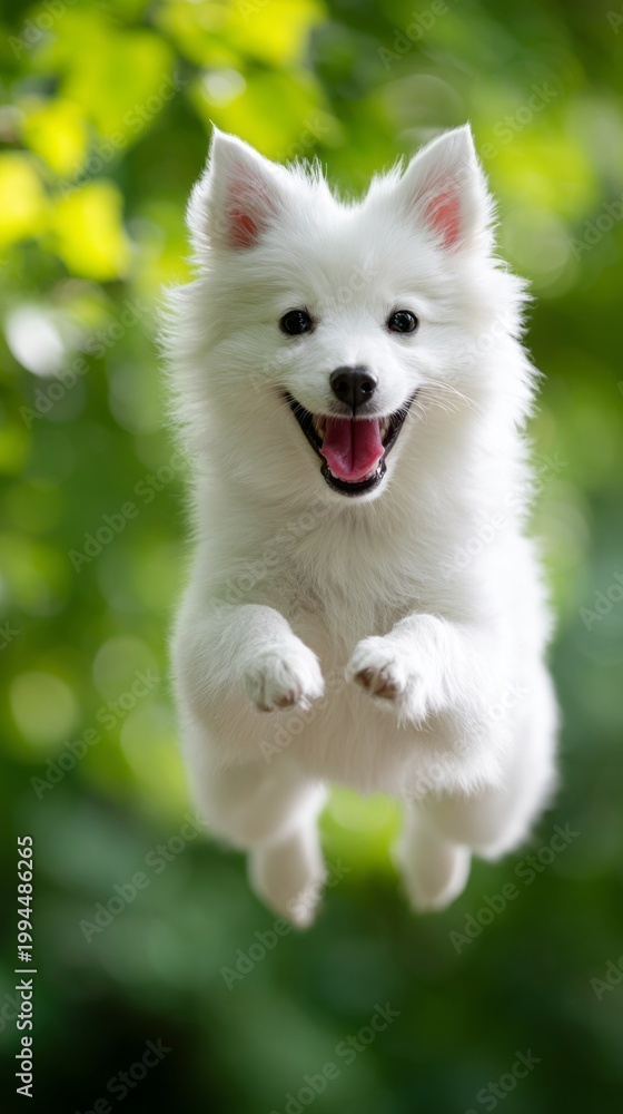 Obraz premium A fluffy white puppy joyfully jumps into the air, its excited expression glowing in the beautiful green backdrop of the lush forest. Nature surrounds this moment of happiness and play