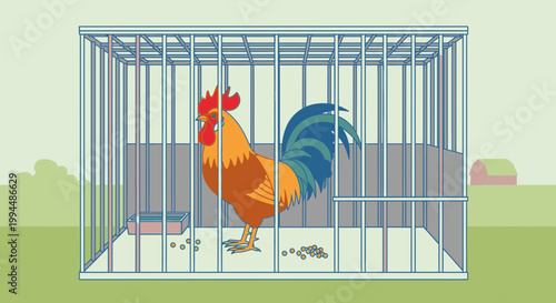 Rooster standing inside metal cage.