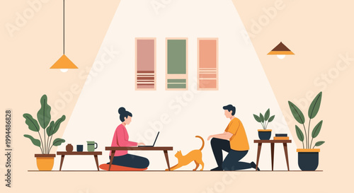 A cozy illustration depicts a person working on a laptop while another plays with an orange cat indoors