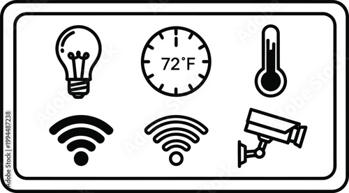 Smart home control panel icons for lighting temperature security and connectivity