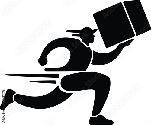 Man running with large box in hand quickly moving fast