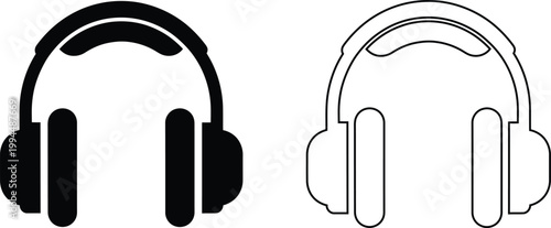 Headphone silhouette duo black and white line art illustration for music and audio