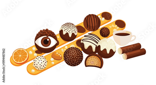 Assorted gourmet chocolate truffles and sweets are arranged on long wooden boards next to a warm cup of dark coffee.