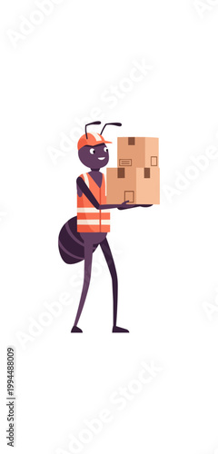 Cartoon ant wearing safety vest carrying boxes delivery illustration
