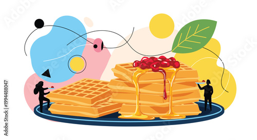 Stylized illustration of giant delicious waffles topped with red berries and syrup with tiny people climbing on them.