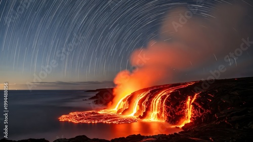 Stunning Lava Flow Erupting from Volcano Under Starry Sky at Night