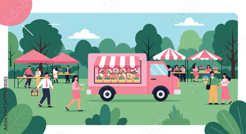 People browse colorful stalls and a pink flower truck at a vibrant outdoor flower market in a lush urban city park.