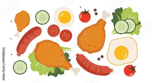 Assorted food items including fried chicken legs sausages eggs red tomatoes and green cucumber slices are shown in a set.