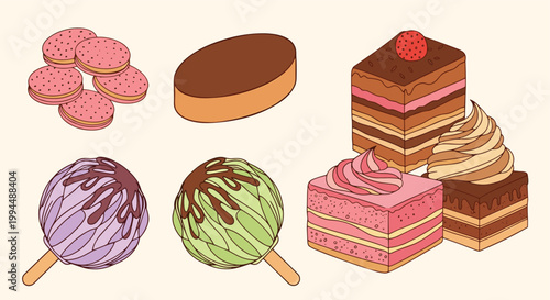 Assorted desserts including pink cookies a chocolate tart layered cakes and sweet cake pops are displayed in a set.