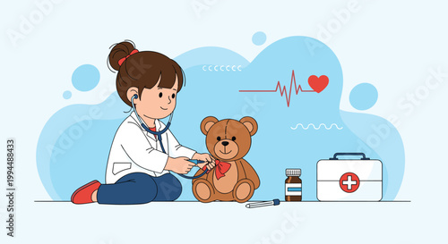 Young girl playing doctor uses a stethoscope to examine her brown teddy bear in a playful and cute medical setting.