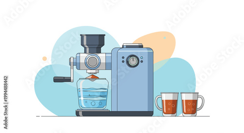 Modern kitchen appliance like a coffee machine or juicer is shown with two glasses of dark beverage in a flat style.
