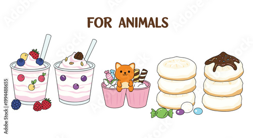 Whimsical pet themed desserts including berry smoothies, a kitten cupcake, and cream filled cookies decorated with chocolate and candies.