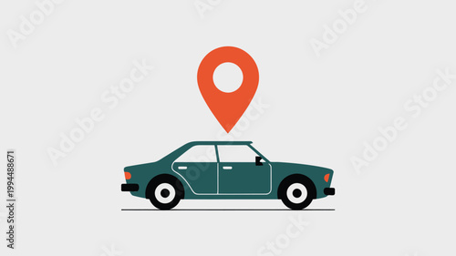 Teal Car With Orange Map Pin For Transportation And Navigation Concepts