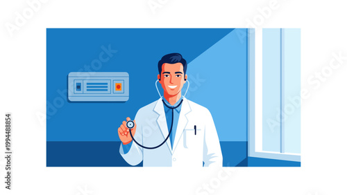 doctor with stethoscope in medical office vector illustration