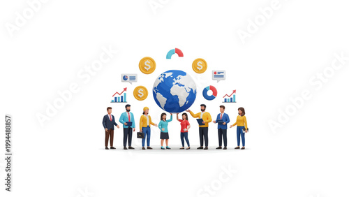 diverse people with global finance icons around globe