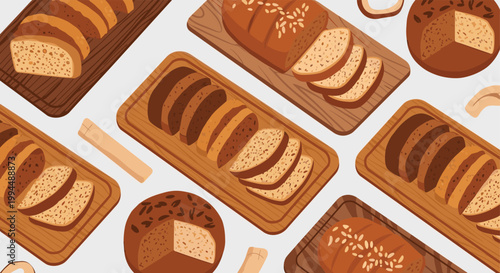 Top view of various types of sliced artisanal bread including whole wheat and rye loaves presented on rustic wooden cutting boards.