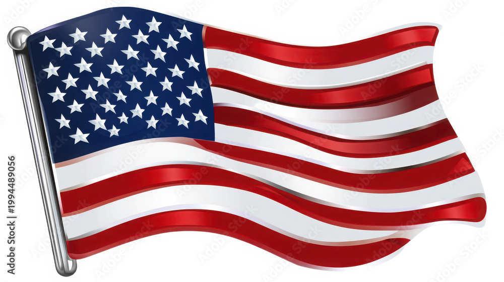 Obraz premium Waving United States of America Flag on Metallic Silver Flagpole Isolated on White Background