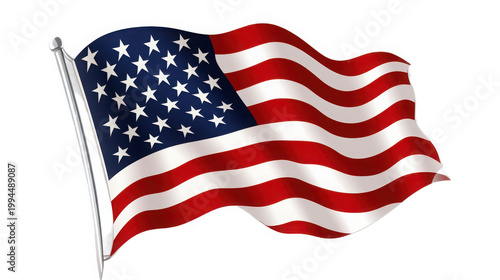 Waving United States of America Flag on Silver Flagpole Isolated on White Background