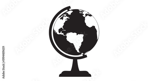 Black and white globe model showing continents and oceans on a stand symbolizing world and global.