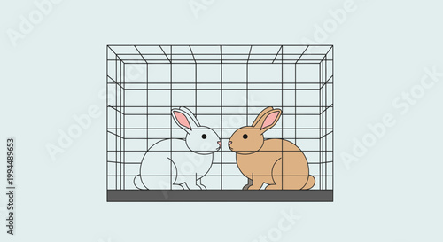 Two Cute Rabbits in Cage Together.