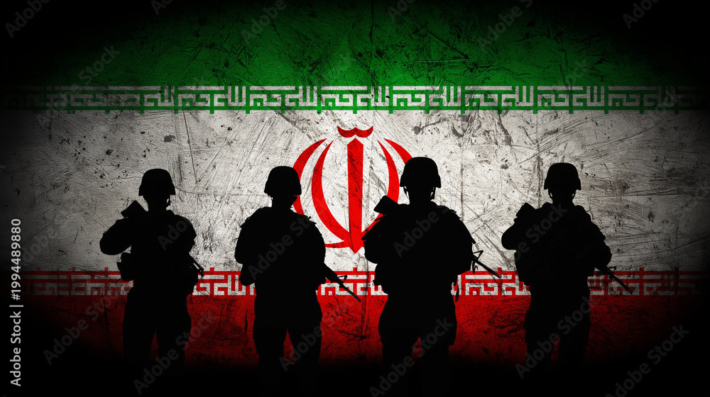 Obraz premium Military forces stand tall against the backdrop of Iranian national pride