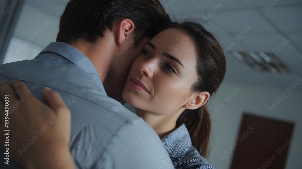 Obraz premium A moment of tender connection and mutual support between two people in a modern office environment