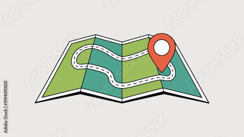 Folded Map With Winding Road And Red Location Pin For Navigation Concepts