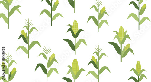 Seamless Pattern of Stylized Corn Stalks and Cobs, Green and Yellow Geometric Design
