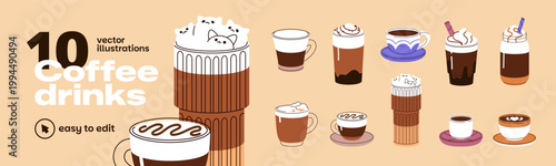 Set of different coffee. Cups of coffe with milk and latte art on foam. Mugs of various ice and hot beverages- cofee, cappuccino, cocoa, frappe and glace. Flat isolated vector illustrations