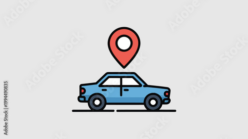 Blue Car With Red Map Pin On Top For Navigation And Transportation Concepts
