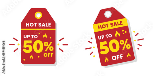 Two hot sale labels with up to 50 percent off discounts are shown.