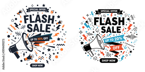 A vibrant illustration of two flash sale announcements surrounded by colorful confetti and megaphones.