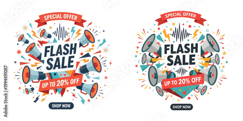 A vibrant illustration of two flash sale banners surrounded by colorful confetti and megaphones on a lively background with bold graphics and dynamic patterns.