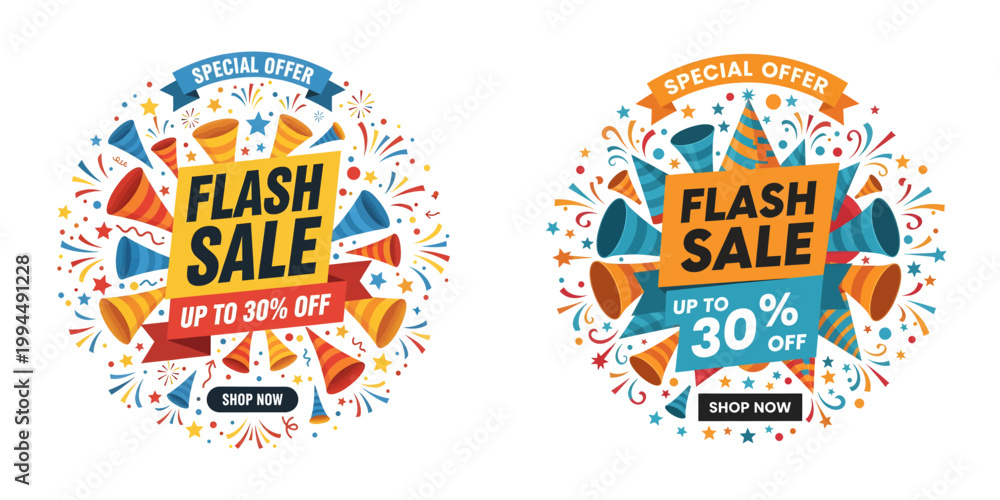 Naklejka premium Vibrant flash sale stickers on colorful background with confetti and stars