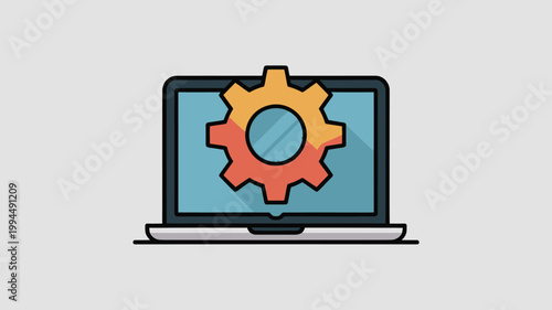 Laptop Maintenance and Software Engineering Vector Icon, Minimal Gear Mechanism on Computer Screen for IT Optimization