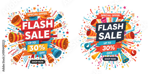 Vibrant Flash Sale banners with colorful confetti and promotional text are displayed prominently.