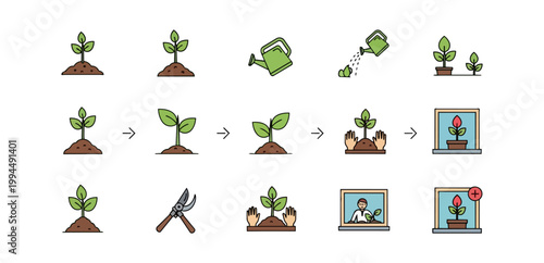 Plant growth sequence icon set on black background