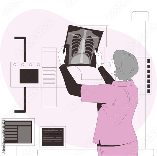 Medical professional examining a chest xray in a clinical setting, vector illustration of diagnostic imaging
