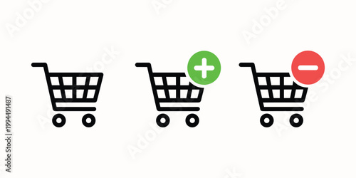 Shopping cart with add and remove buttons plus vector illustration isolated on white background