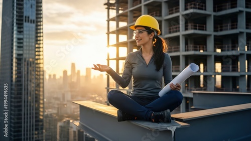 Female Construction Worker Sitting on Building Edge with Blueprints at Sunset in Urban Setting