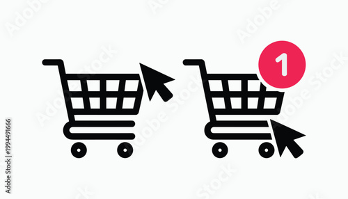 Shopping cart with red notification black white vector illustration isolated on white background