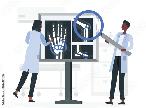Two doctors examining xray images of hand, knee, and foot with magnifying glass medical illustration
