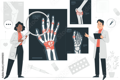 Doctors examining medical xrays of joints showing symptoms of arthritis or inflammation