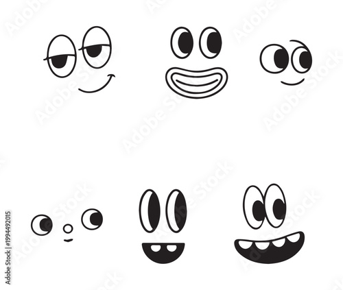 Retro cartoon faces collection, vintage comic character eyes and mouths, set of 6 hand drawn doodle expressions, black and white vector line art