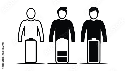 Three people with battery representing different charge levels black and white silhouettes vector illustration isolated on white background