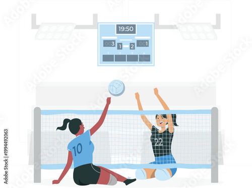 Paralympic sitting volleyball match vector illustration with female athletes playing on court